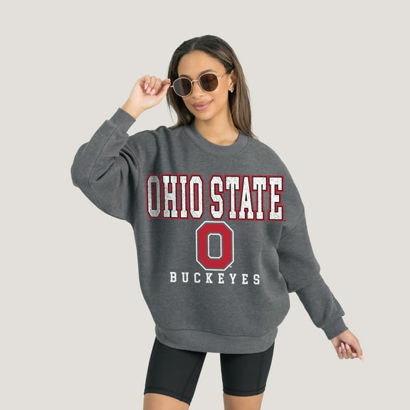 Women's Gameday Couture  Heather Charcoal Ohio State Buckeyes Oversized Distressed Fleece Pullover Sweatshirt