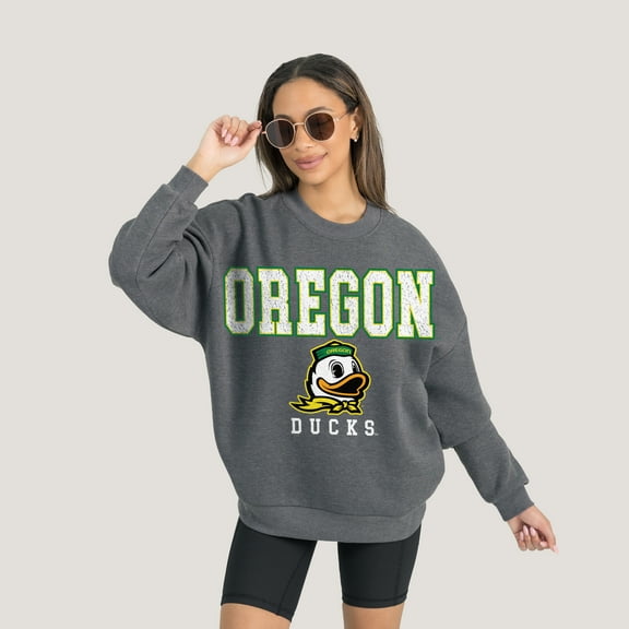 Women's Gameday Couture  Heather Charcoal Oregon Ducks Oversized Distressed Fleece Pullover Sweatshirt