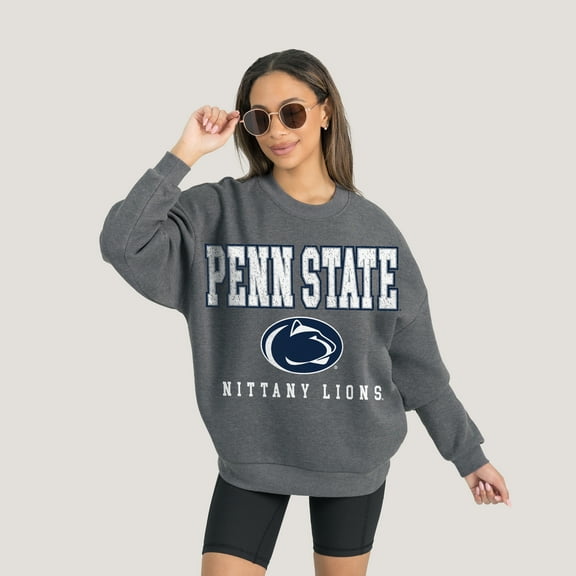 Women's Gameday Couture Heather Charcoal Penn State Nittany Lions Oversized Distressed Fleece Pullover Sweatshirt