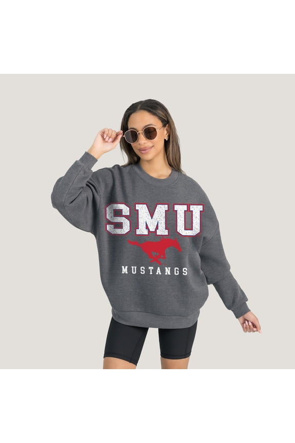Women's Gameday Couture Heather Charcoal SMU Mustangs Oversized Distressed Fleece Pullover Sweatshirt