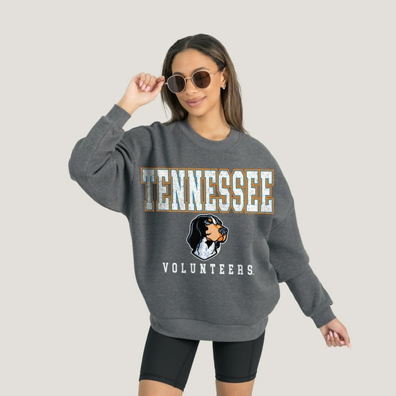 Women's Gameday Couture Heather Charcoal Tennessee Volunteers Oversized Distressed Fleece Pullover Sweatshirt