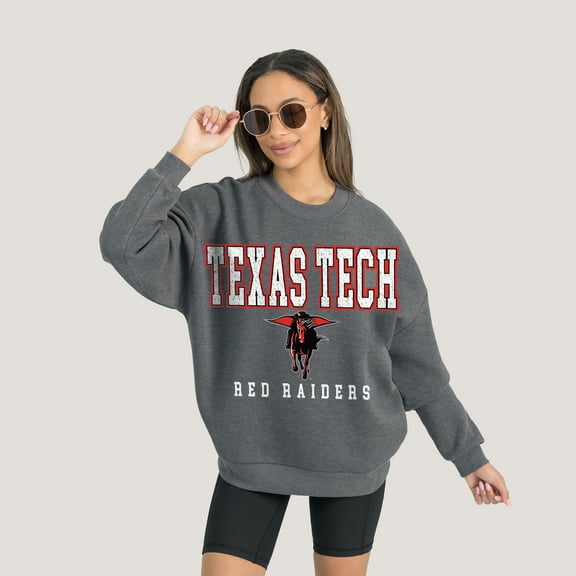 Women's Gameday Couture Heather Charcoal Texas Tech Red Raiders Oversized Distressed Fleece Pullover Sweatshirt