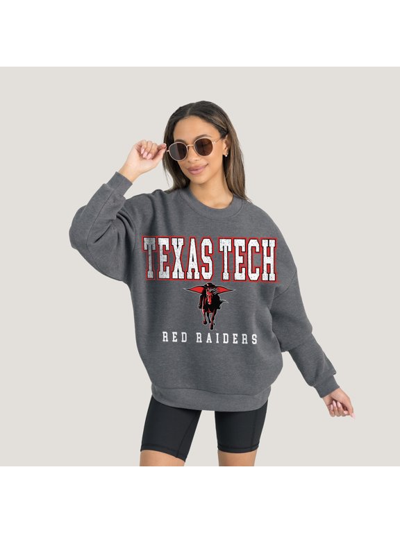 Women's Gameday Couture Heather Charcoal Texas Tech Red Raiders Oversized Distressed Fleece Pullover Sweatshirt
