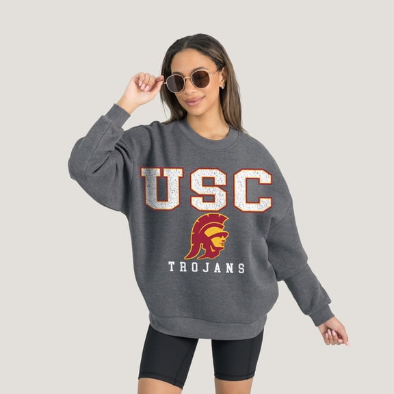 Women's Gameday Couture Heather Charcoal USC Trojans Oversized Distressed Fleece Pullover Sweatshirt