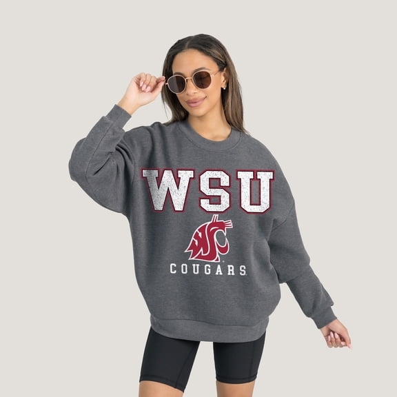 Women's Gameday Couture  Heather Charcoal Washington State Cougars Oversized Distressed Fleece Pullover Sweatshirt