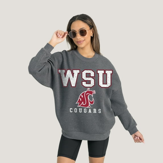 Women's Gameday Couture Heather Charcoal Washington State Cougars Oversized Distressed Fleece Pullover Sweatshirt