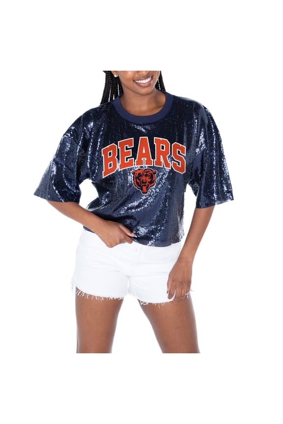 Women's Gameday Couture  Navy Chicago Bears Rise Up Sequin Cropped T-Shirt