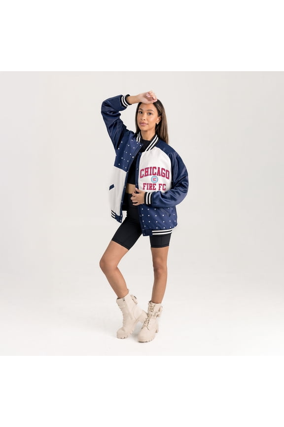 Women's Gameday Couture Navy Chicago Fire Refined Rivalries Rhinestone Raglan Full-Snap Varsity Bomber Jacket