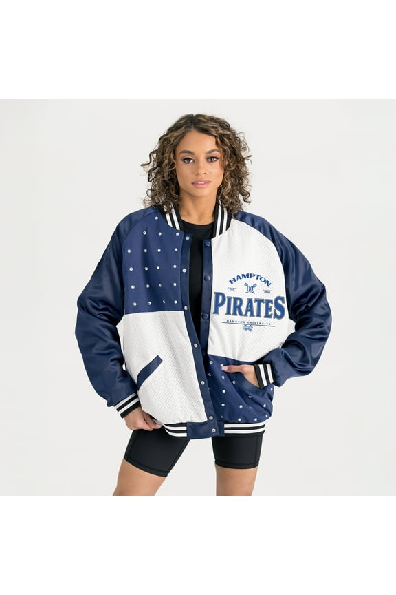 Women's Gameday Couture Navy Hampton Pirates Oversized Inner Drive Varsity Rhinestone Full-Snap Bomber Jacket