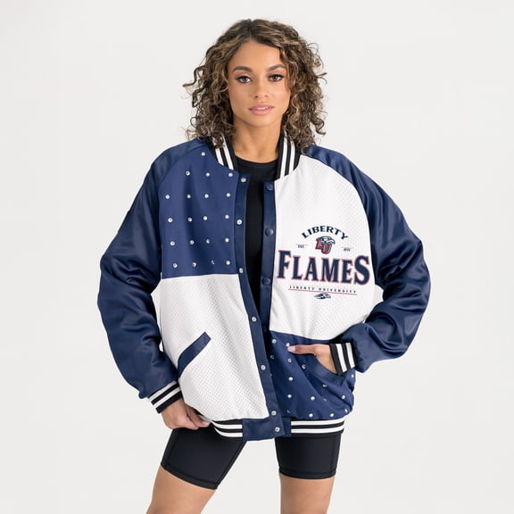 Women's Gameday Couture Navy Liberty Flames Oversized Inner Drive Varsity Rhinestone Full-Snap Bomber Jacket