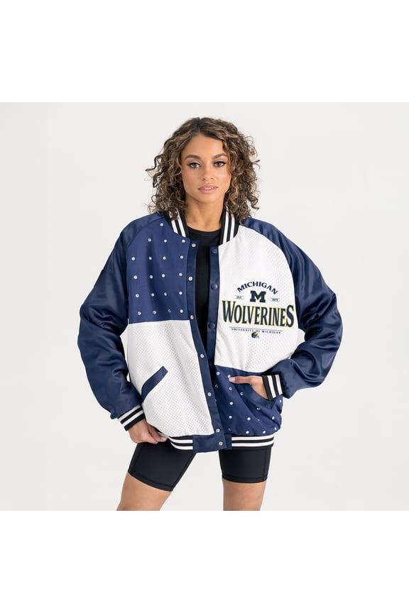 Women's Gameday Couture Navy Michigan Wolverines Oversized Inner Drive Varsity Rhinestone Full-Snap Bomber Jacket