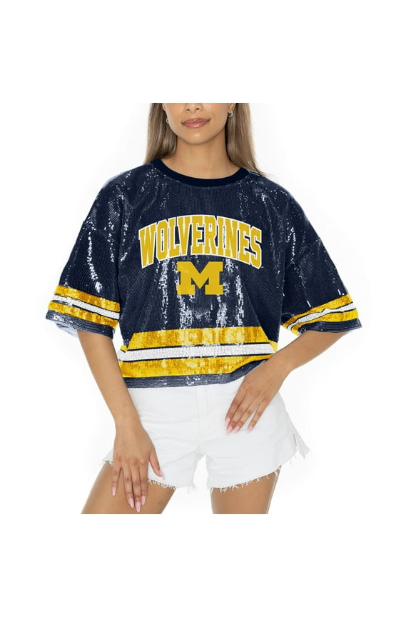 Women's Gameday Couture Navy Michigan Wolverines Sequin Striped Cropped Fashion Jersey T-Shirt