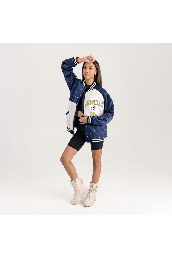 Women's Gameday Couture Navy Nashville SC Refined Rivalries Rhinestone Raglan Full-Snap Varsity Bomber Jacket