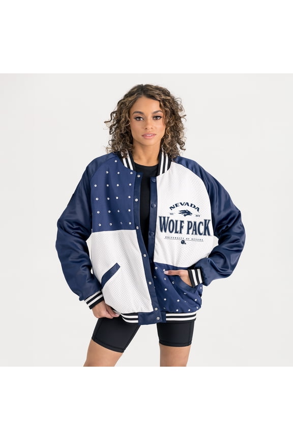 Women's Gameday Couture Navy Nevada Wolf Pack Oversized Inner Drive Varsity Rhinestone Full-Snap Bomber Jacket
