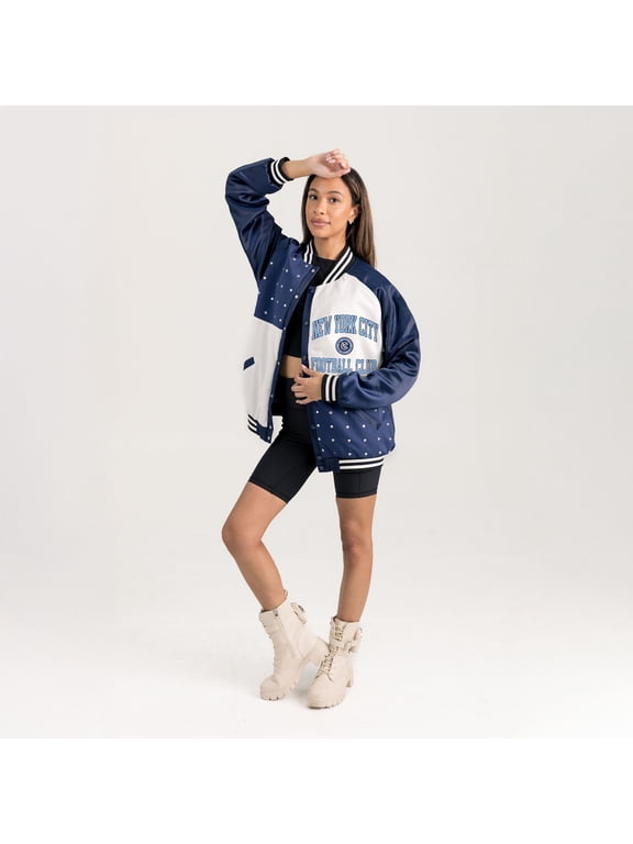 Women's Gameday Couture Navy New York City FC Refined Rivalries Rhinestone Raglan Full-Snap Varsity Bomber Jacket