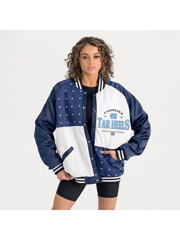 Women's Gameday Couture Navy North Carolina Tar Heels Oversized Inner Drive Varsity Rhinestone Full-Snap Bomber Jacket