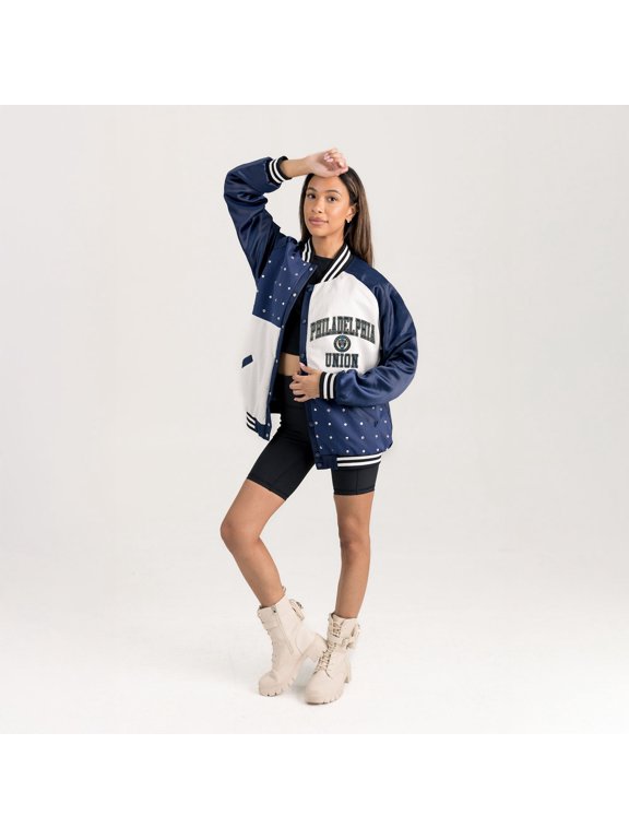 Women's Gameday Couture Navy Philadelphia Union Refined Rivalries Rhinestone Raglan Full-Snap Varsity Bomber Jacket