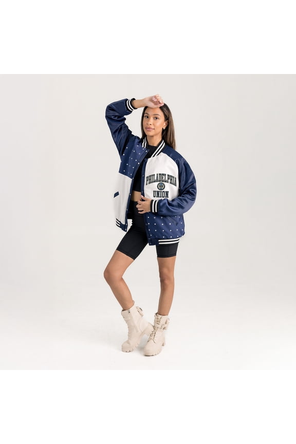 Women's Gameday Couture Navy Philadelphia Union Refined Rivalries Rhinestone Raglan Full-Snap Varsity Bomber Jacket