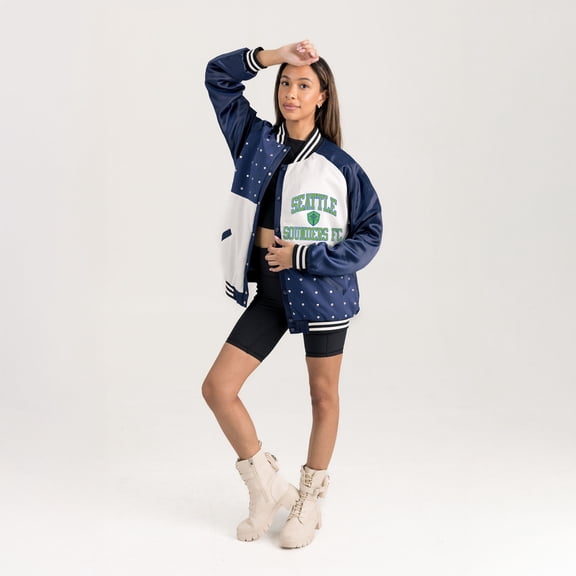 Women's Gameday Couture Navy Seattle Sounders FC Refined Rivalries Rhinestone Raglan Full-Snap Varsity Bomber Jacket
