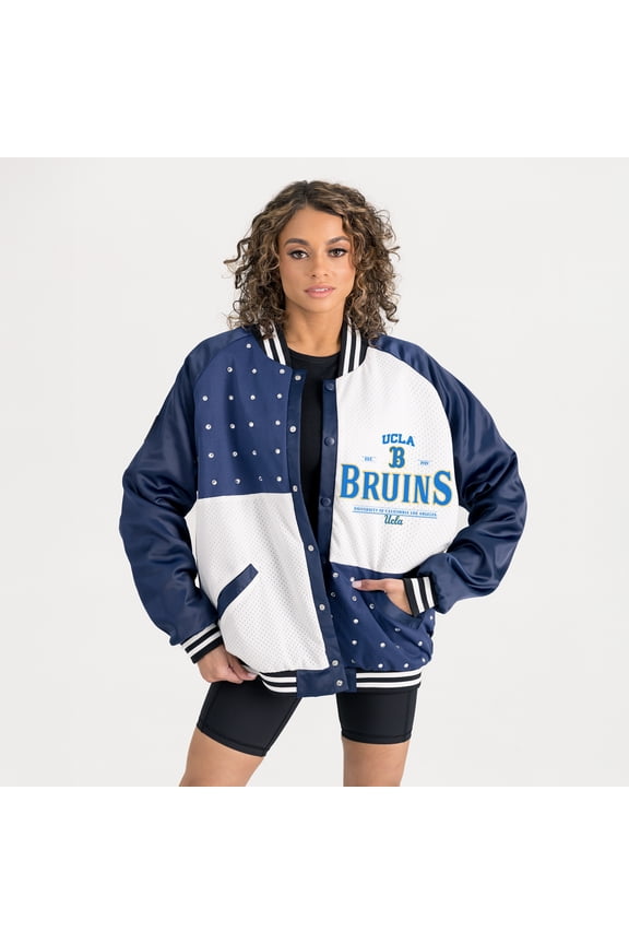 Women's Gameday Couture Navy UCLA Bruins Oversized Inner Drive Varsity Rhinestone Full-Snap Bomber Jacket