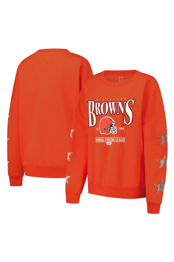 Women's Gameday Couture Orange Cleveland Browns Rhinestone Star Sleeve Settle the Score Oversized Pullover Sweatshirt