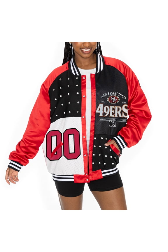 Women's Gameday Couture Scarlet/Black San Francisco 49ers Oversized Hot Shot Rhinestone Throwback Full-Snap Varsity