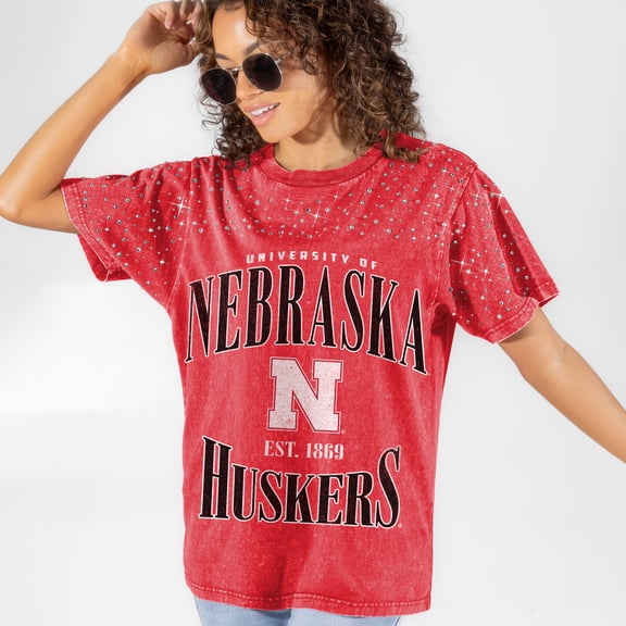 Women's Gameday Couture Scarlet Nebraska Huskers Sparkle & Score Washed Micro Rhinestone T-Shirt