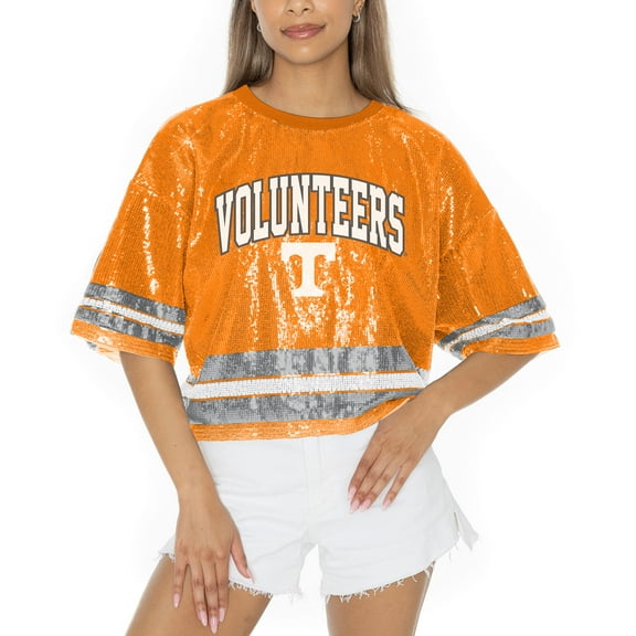 Women's Gameday Couture Tennessee Orange Tennessee Volunteers Sequin Striped Cropped Fashion Jersey T-Shirt