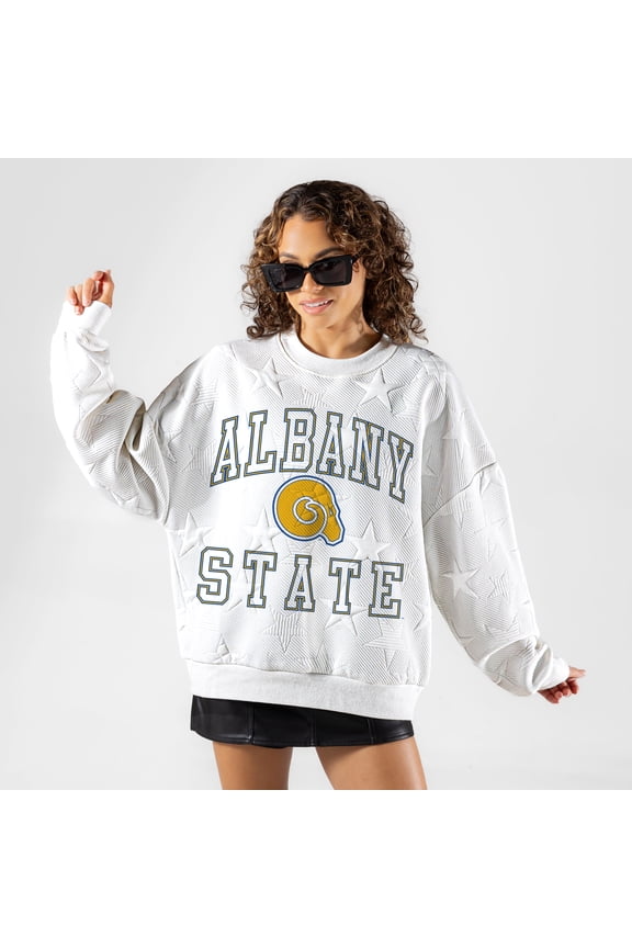 Women's Gameday Couture White Albany State Golden Rams Big Play Energy Tonal Star Embossed Sweatshirt