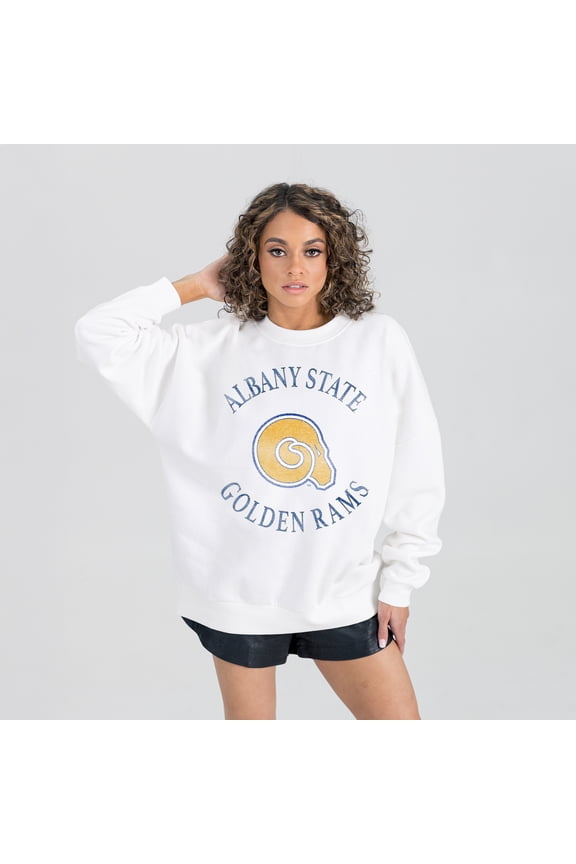 Women's Gameday Couture White Albany State Golden Rams Oversized Good Vibes Premium Fleece Drop Shoulder Pullover