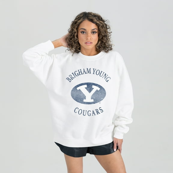 Women's Gameday Couture White BYU Cougars Oversized Good Vibes Premium Fleece Drop Shoulder Pullover Sweatshirt
