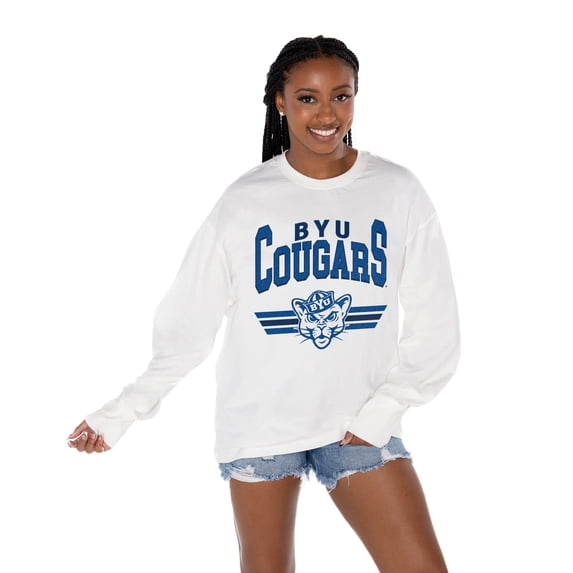 Women's Gameday Couture White BYU Cougars Oversized Swift Strike Long Sleeve T-Shirt