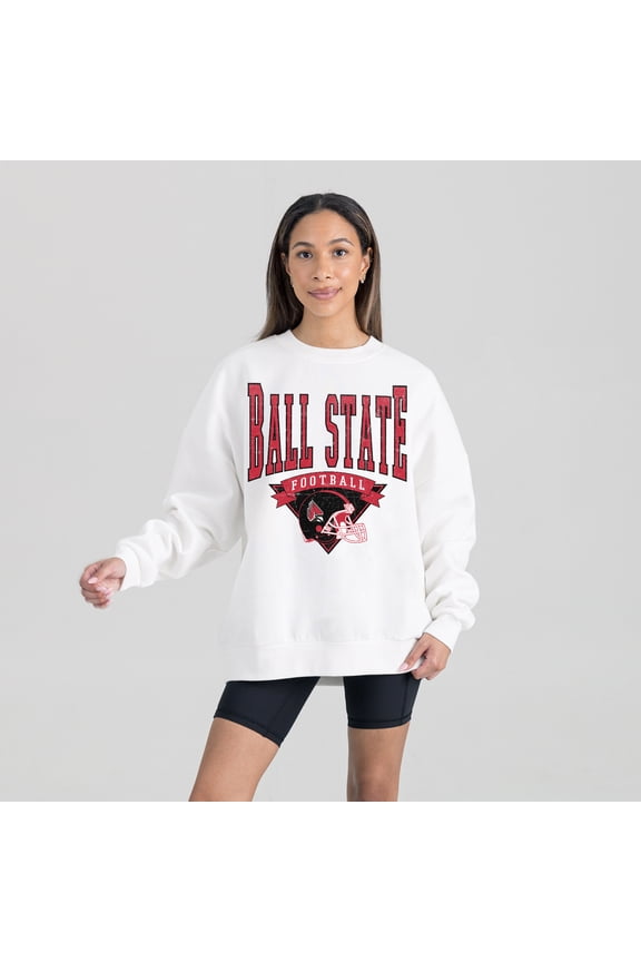 Women's Gameday Couture White Ball State Cardinals Oversized Good Vibes Premium Fleece Drop Shoulder Pullover Sweatshirt