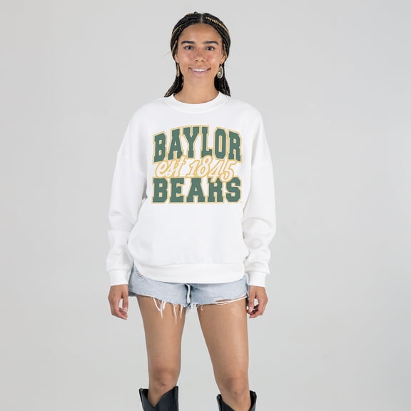 Women's Gameday Couture White Baylor Bears Oversized Faded Formation Premium Fleece Sweatshirt