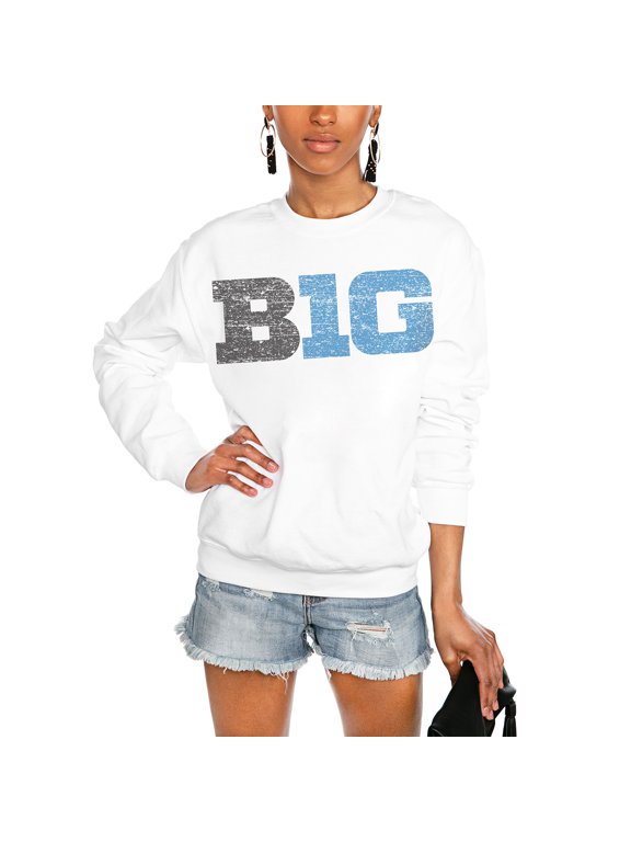 Women's Gameday Couture White Big Ten Gear Distressed Snap Perfect Oversized Pullover Sweatshirt