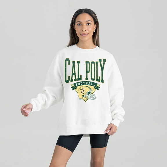 Women's Gameday Couture White Cal Poly Mustangs Oversized Good Vibes Premium Fleece Drop Shoulder Pullover Sweatshirt