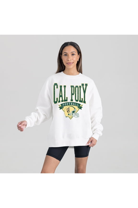 Women's Gameday Couture White Cal Poly Mustangs Oversized Good Vibes Premium Fleece Drop Shoulder Pullover Sweatshirt