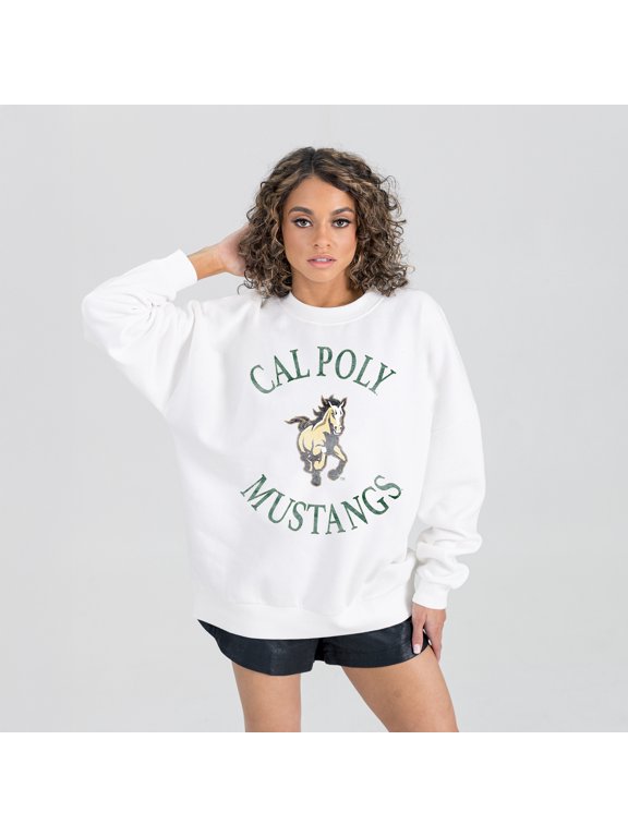 Women's Gameday Couture White Cal Poly Mustangs Oversized Good Vibes Premium Fleece Drop Shoulder Pullover Sweatshirt