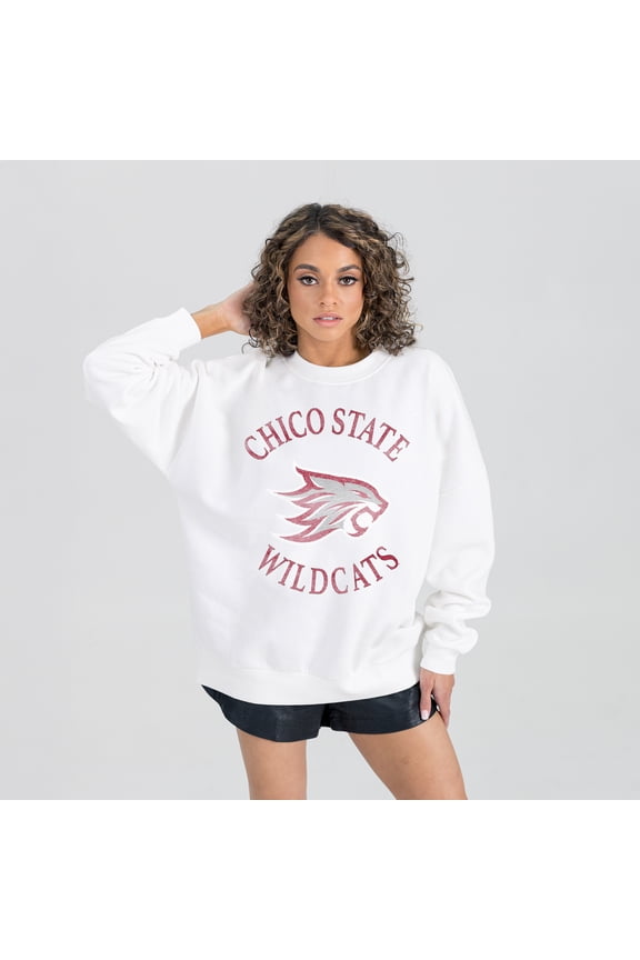 Women's Gameday Couture White Cal State Chico Wildcats Oversized Good Vibes Premium Fleece Drop Shoulder Pullover