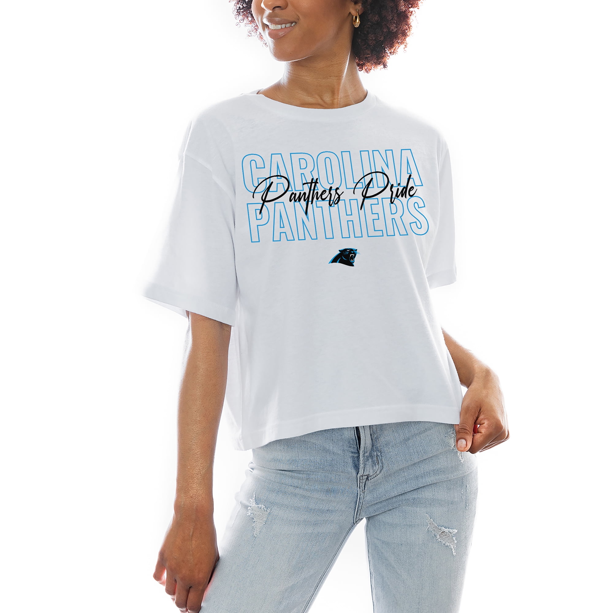 Women's Gameday Couture White Carolina Panthers Keep Playing Boxy