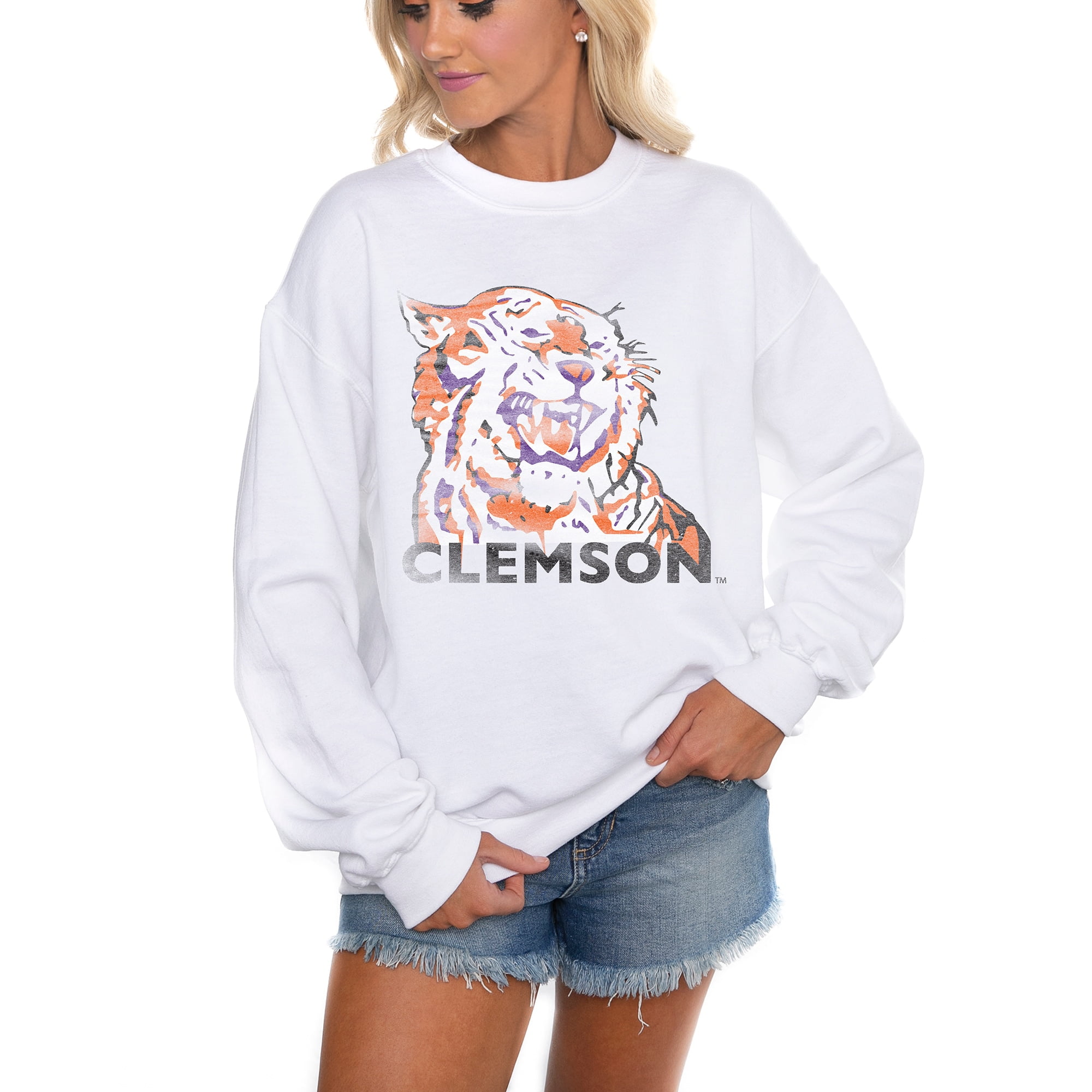 Women s Gameday Couture White Clemson Tigers Run It Back Perfect Crewneck Pullover Sweatshirt Walmart