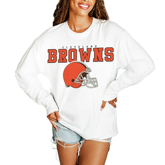 Women's Gameday Couture  White Cleveland Browns Big Goals Oversized Long Sleeve T-Shirt