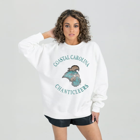 Women's Gameday Couture White Coastal Carolina Chanticleers Oversized Good Vibes Premium Fleece Drop Shoulder Pullover