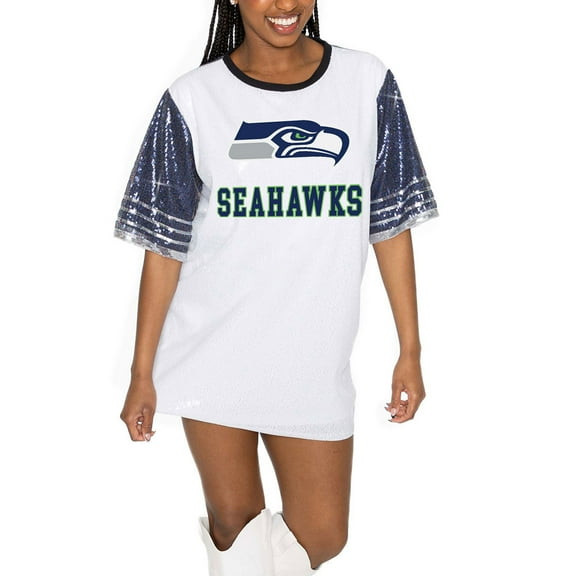 Women's Gameday Couture White/College Navy Seattle Seahawks Bling It Full Sequin Jersey Dress