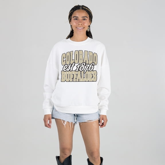 Women's Gameday Couture White Colorado Buffaloes Oversized Faded Formation Premium Fleece Sweatshirt