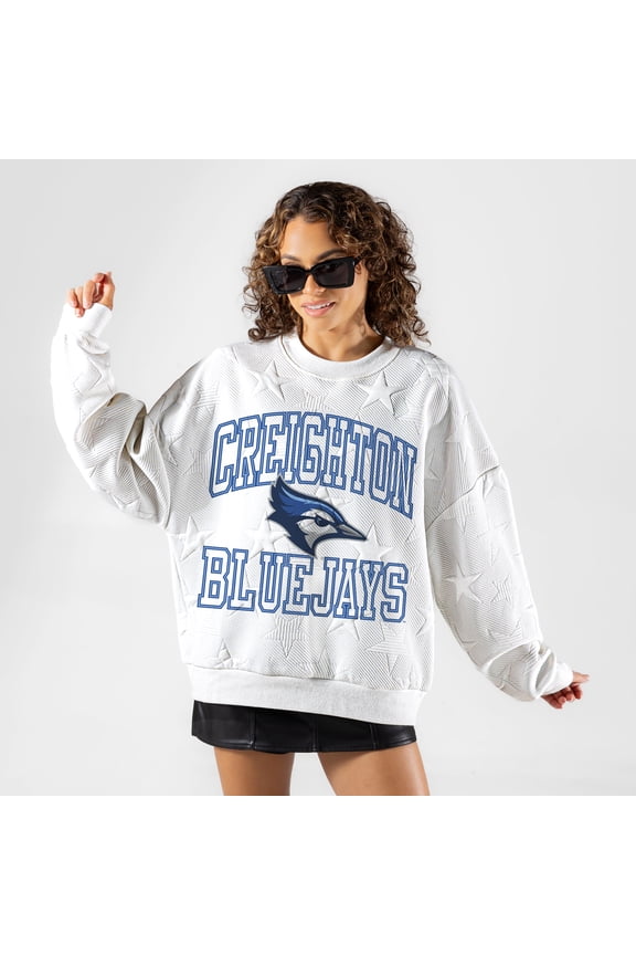 Women's Gameday Couture White Creighton Bluejays  Big Play Energy Tonal Star Embossed Sweatshirt