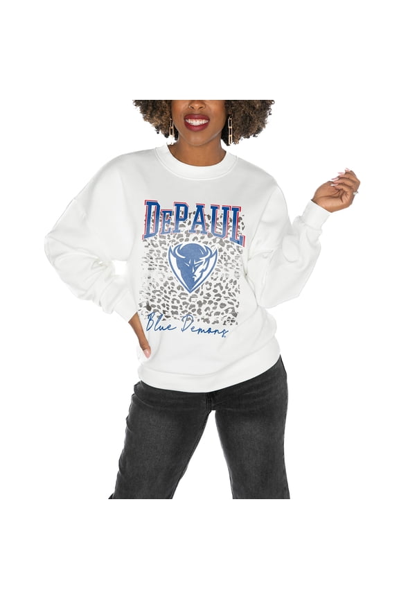 Women's Gameday Couture DePaul Blue Demons White Oversized Drop Shoulder Fleece Drop Pullover Sweatshirt