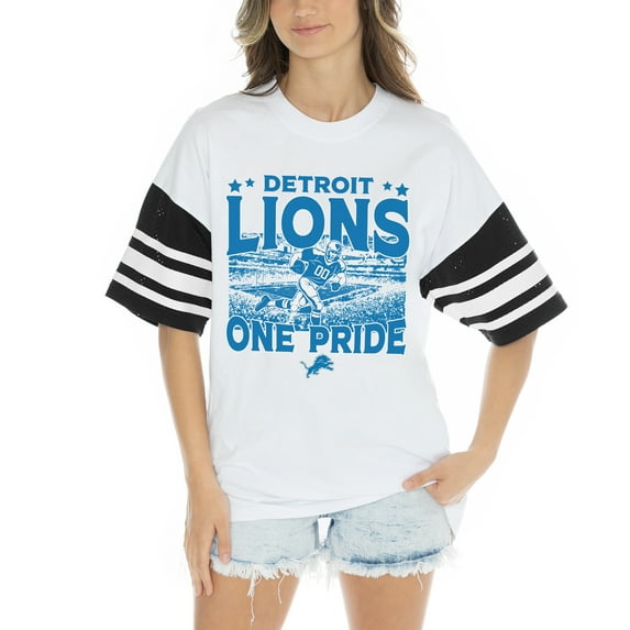 Women's Gameday Couture White Detroit Lions Contrast Mesh Heritage Stripe Oversized T-Shirt