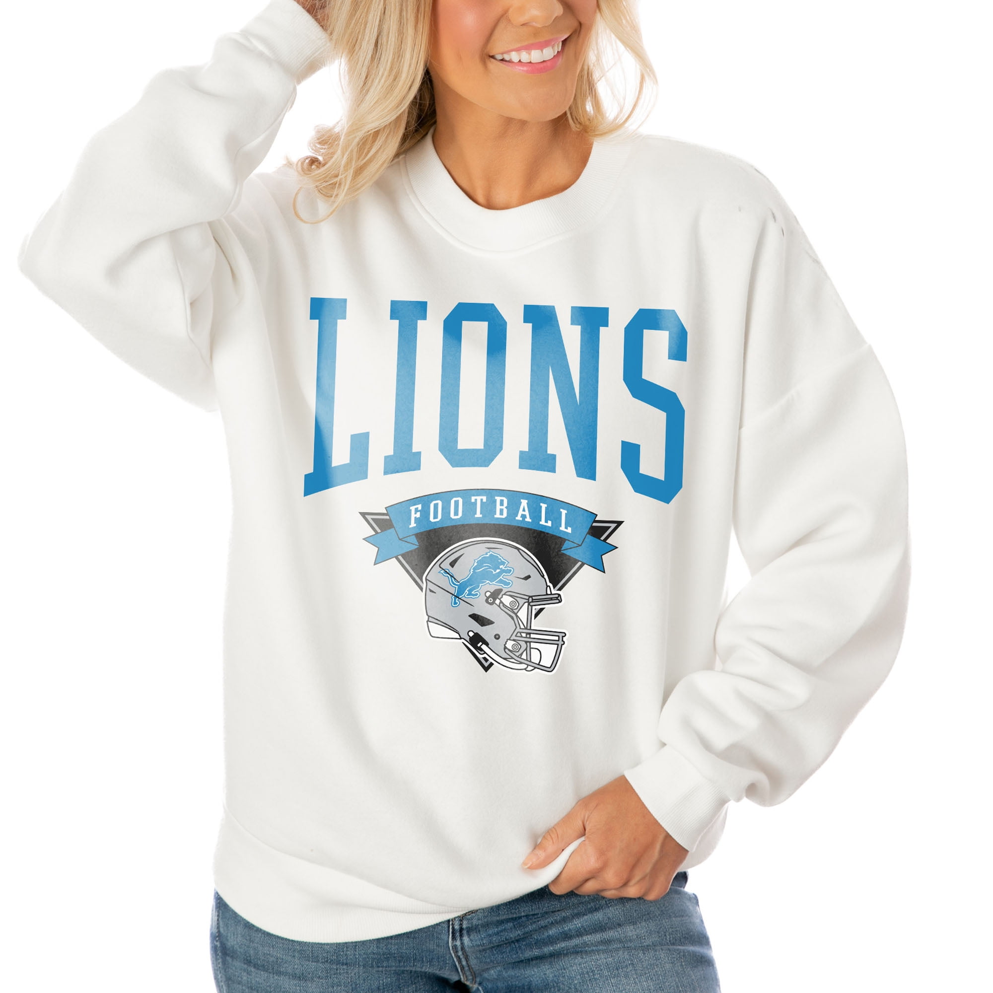 Women s Gameday Couture White Detroit Lions Oversized Line Pullover Sweatshirt
