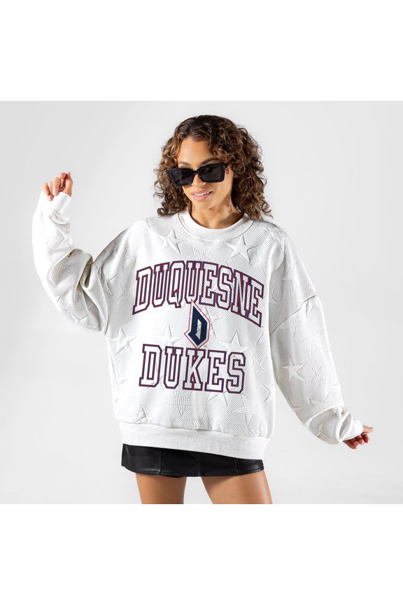 Women's Gameday Couture White Duquesne Dukes  Big Play Energy Tonal Star Embossed Sweatshirt